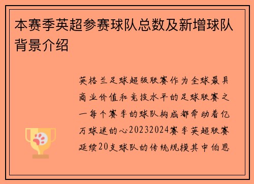 本赛季英超参赛球队总数及新增球队背景介绍