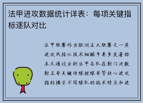 法甲进攻数据统计详表：每项关键指标逐队对比