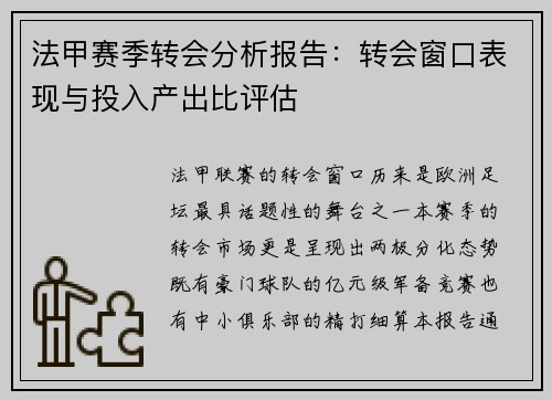 法甲赛季转会分析报告：转会窗口表现与投入产出比评估